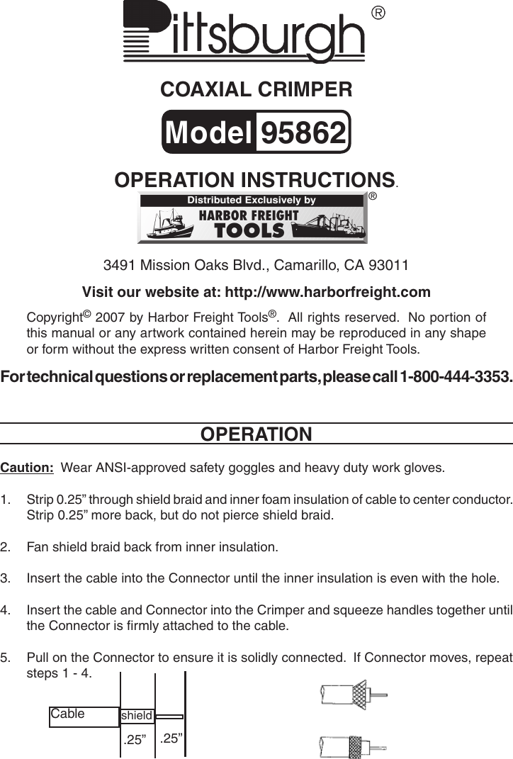 Page 1 of 1 - Harbor-Freight Harbor-Freight-Coaxial-Cable-Compression-Tool-Product-Manual-  Harbor-freight-coaxial-cable-compression-tool-product-manual