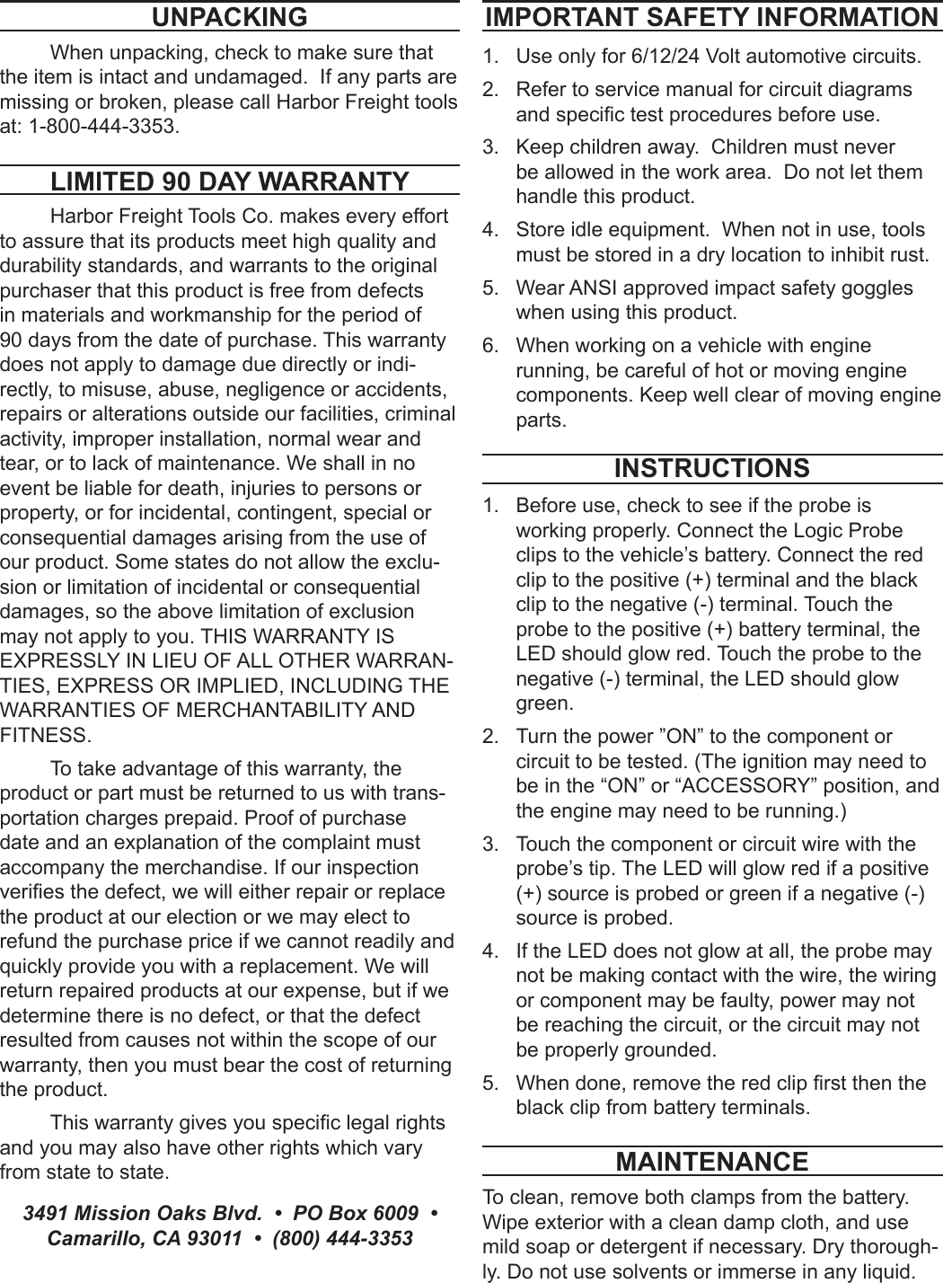 Page 2 of 2 - Harbor-Freight Harbor-Freight-Computer-Safe-Automotive-Logic-Probe-Product-Manual-  Harbor-freight-computer-safe-automotive-logic-probe-product-manual
