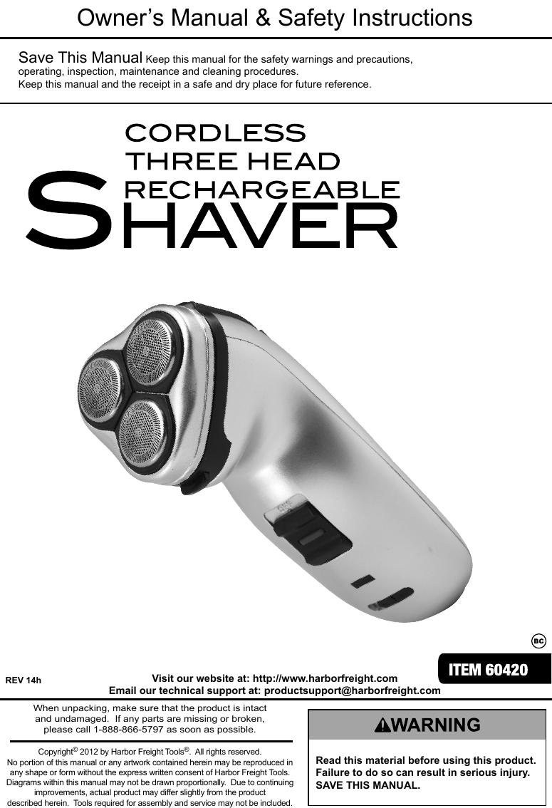 Page 1 of 4 - Harbor-Freight Harbor-Freight-Cordless-Three-Head-Rechargeable-Shaver-Product-Manual-  Harbor-freight-cordless-three-head-rechargeable-shaver-product-manual