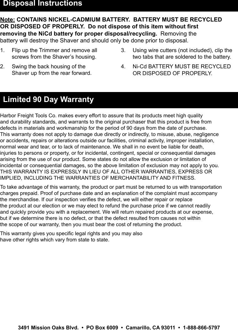 Page 4 of 4 - Harbor-Freight Harbor-Freight-Cordless-Three-Head-Rechargeable-Shaver-Product-Manual-  Harbor-freight-cordless-three-head-rechargeable-shaver-product-manual