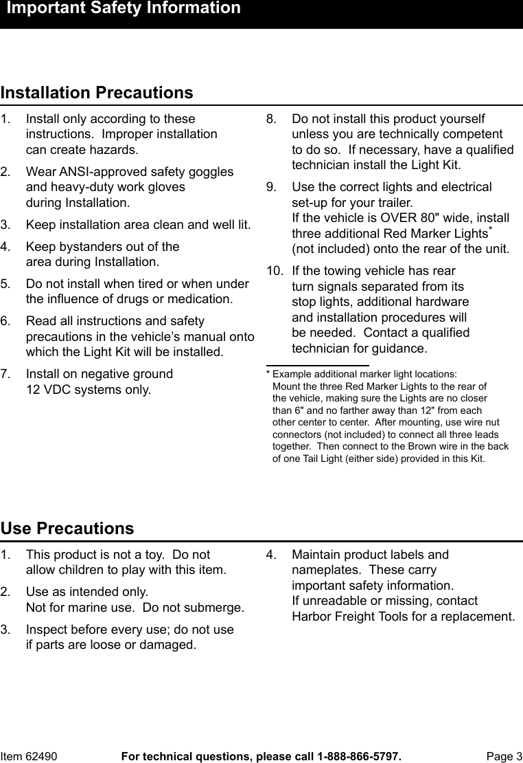 Page 3 of 8 - Harbor-Freight Harbor-Freight-Deluxe-12-Volt-Trailer-Light-Kit-Product-Manual-  Harbor-freight-deluxe-12-volt-trailer-light-kit-product-manual