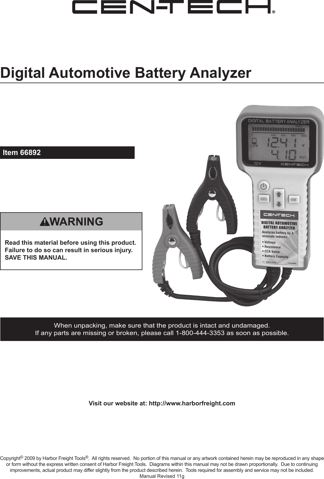 Page 1 of 8 - Harbor-Freight Harbor-Freight-Digital-Battery-Analyzer-Product-Manual-  Harbor-freight-digital-battery-analyzer-product-manual