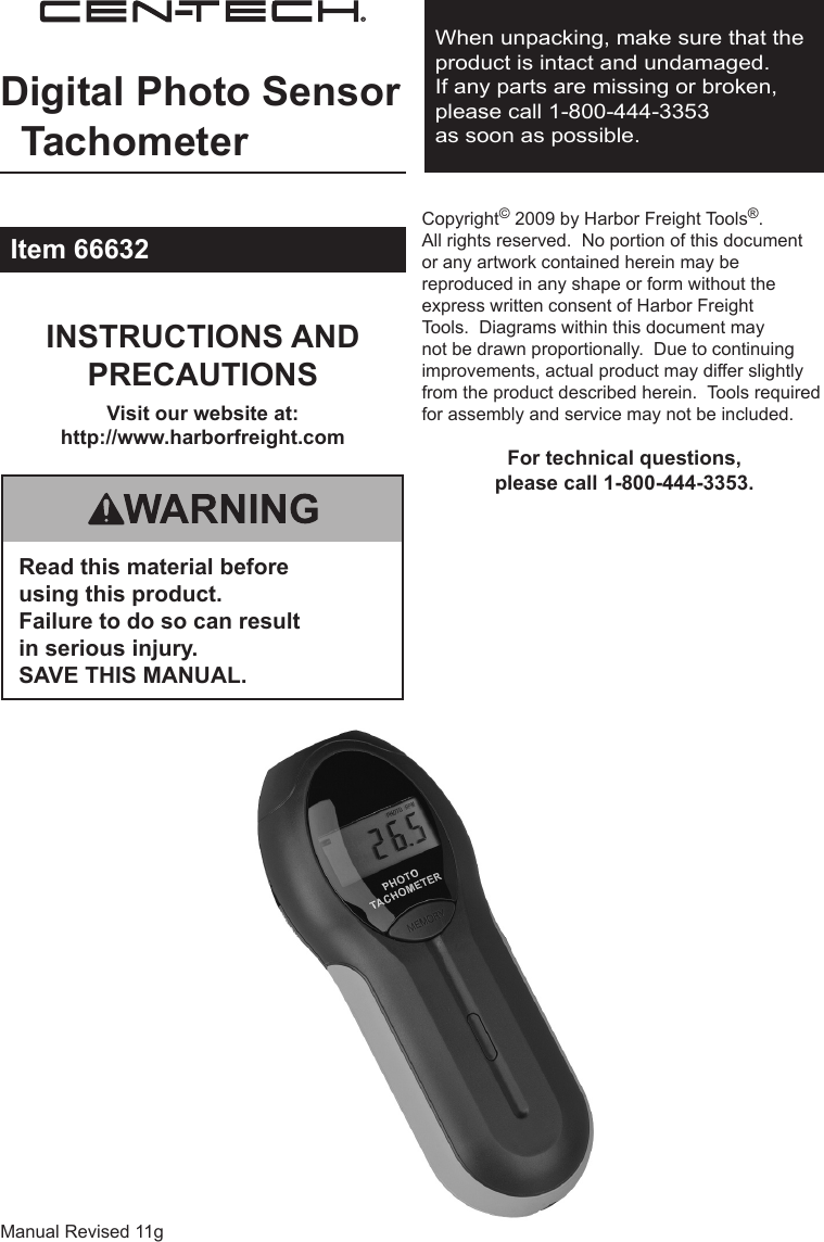 Page 1 of 4 - Harbor-Freight Harbor-Freight-Digital-Photo-Sensor-Tachometer-Product-Manual-  Harbor-freight-digital-photo-sensor-tachometer-product-manual