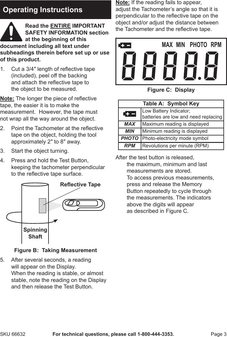 Page 3 of 4 - Harbor-Freight Harbor-Freight-Digital-Photo-Sensor-Tachometer-Product-Manual-  Harbor-freight-digital-photo-sensor-tachometer-product-manual
