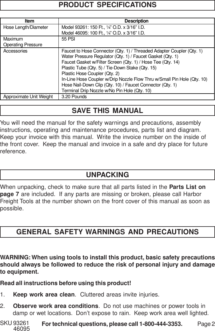 Page 2 of 7 - Harbor-Freight Harbor-Freight-Drip-Irrigation-Kit-Product-Manual- 46095 Drip Kit Manual  Harbor-freight-drip-irrigation-kit-product-manual