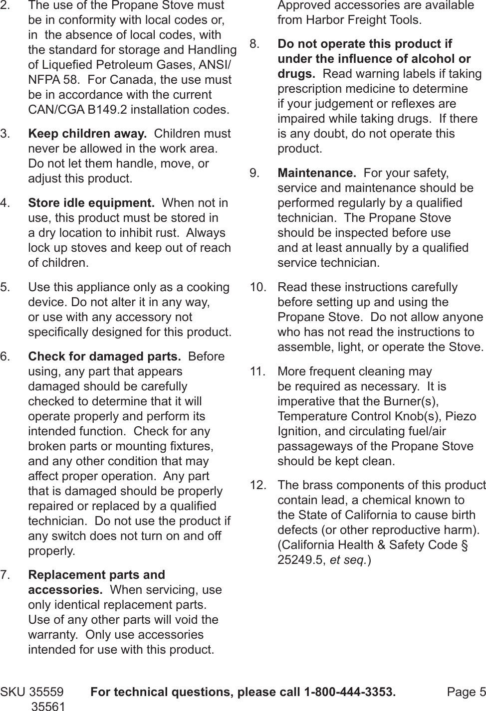 Page 5 of 10 - Harbor-Freight Harbor-Freight-Dual-Burner-Propane-Stove-Product-Manual-  Harbor-freight-dual-burner-propane-stove-product-manual