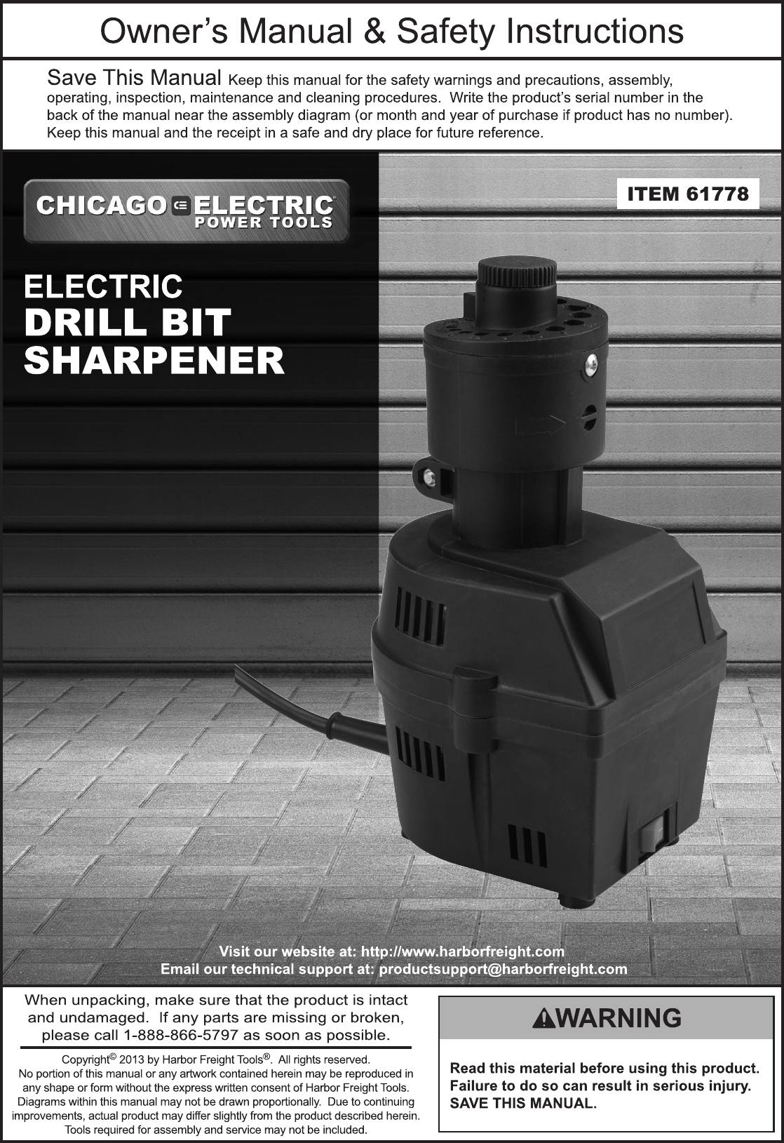 Page 1 of 12 - Harbor-Freight Harbor-Freight-Electric-Drill-Bit-Sharpener-Product-Manual-  Harbor-freight-electric-drill-bit-sharpener-product-manual