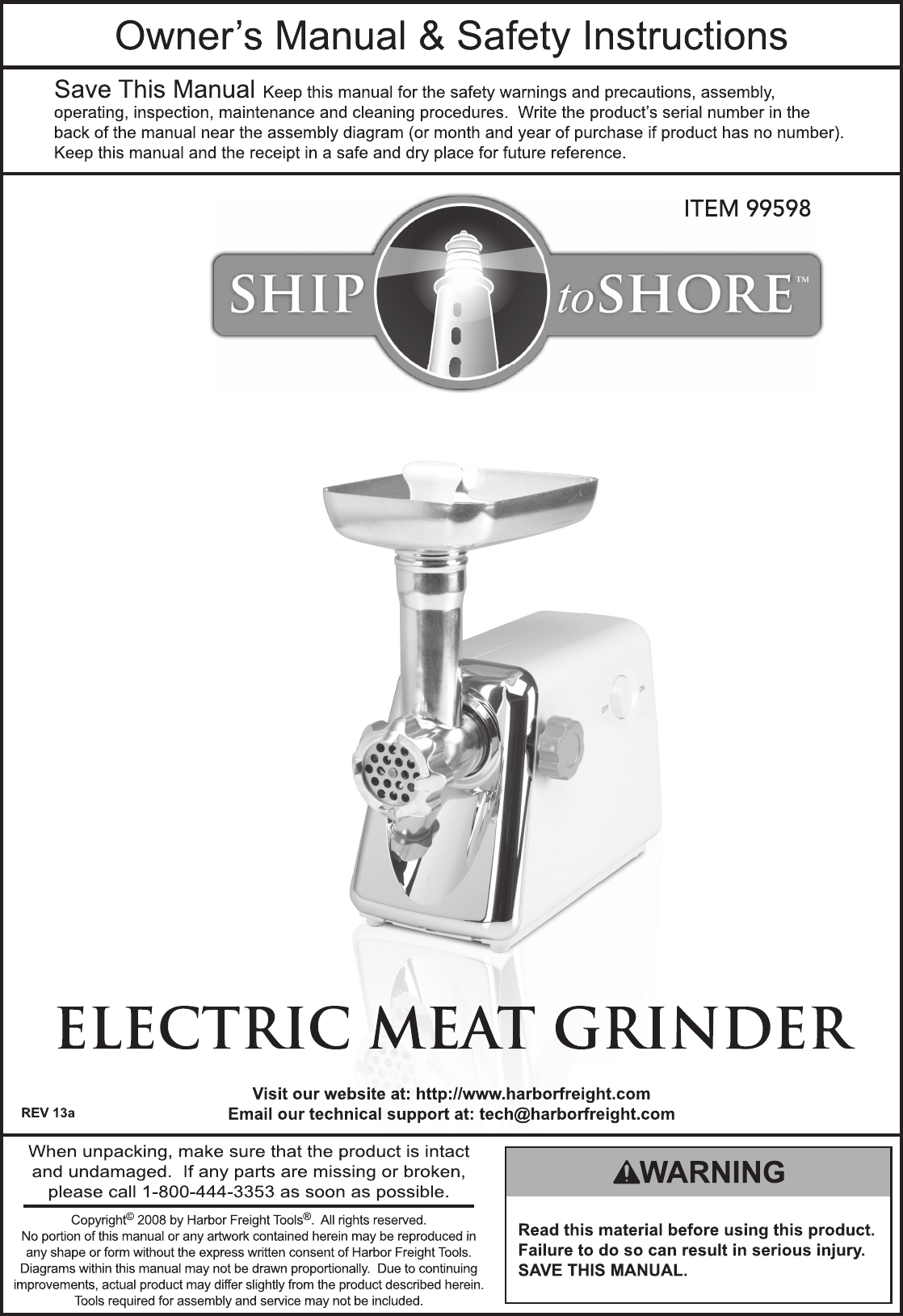 Page 1 of 8 - Harbor-Freight Harbor-Freight-Electric-Meat-Grinder-Product-Manual-  Harbor-freight-electric-meat-grinder-product-manual