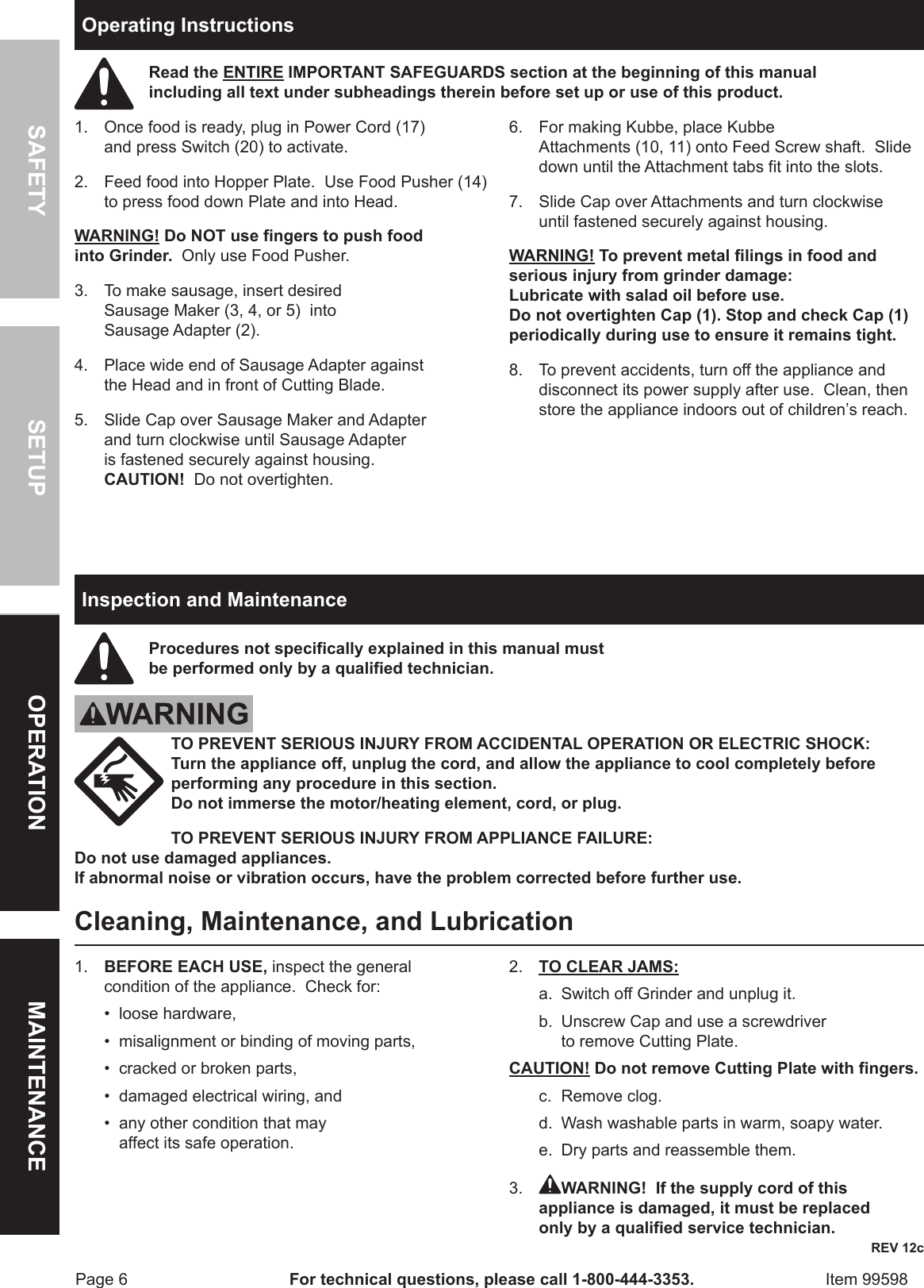 Page 6 of 8 - Harbor-Freight Harbor-Freight-Electric-Meat-Grinder-Product-Manual-  Harbor-freight-electric-meat-grinder-product-manual