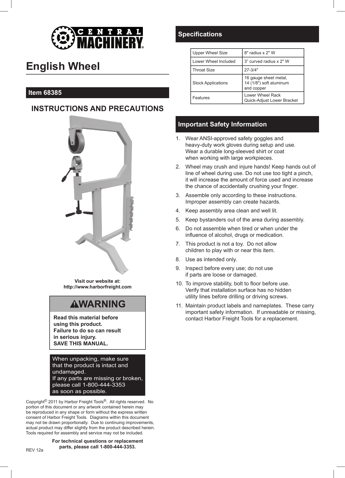 Page 1 of 8 - Harbor-Freight Harbor-Freight-English-Wheel-Kit-With-Stand-Product-Manual-  Harbor-freight-english-wheel-kit-with-stand-product-manual