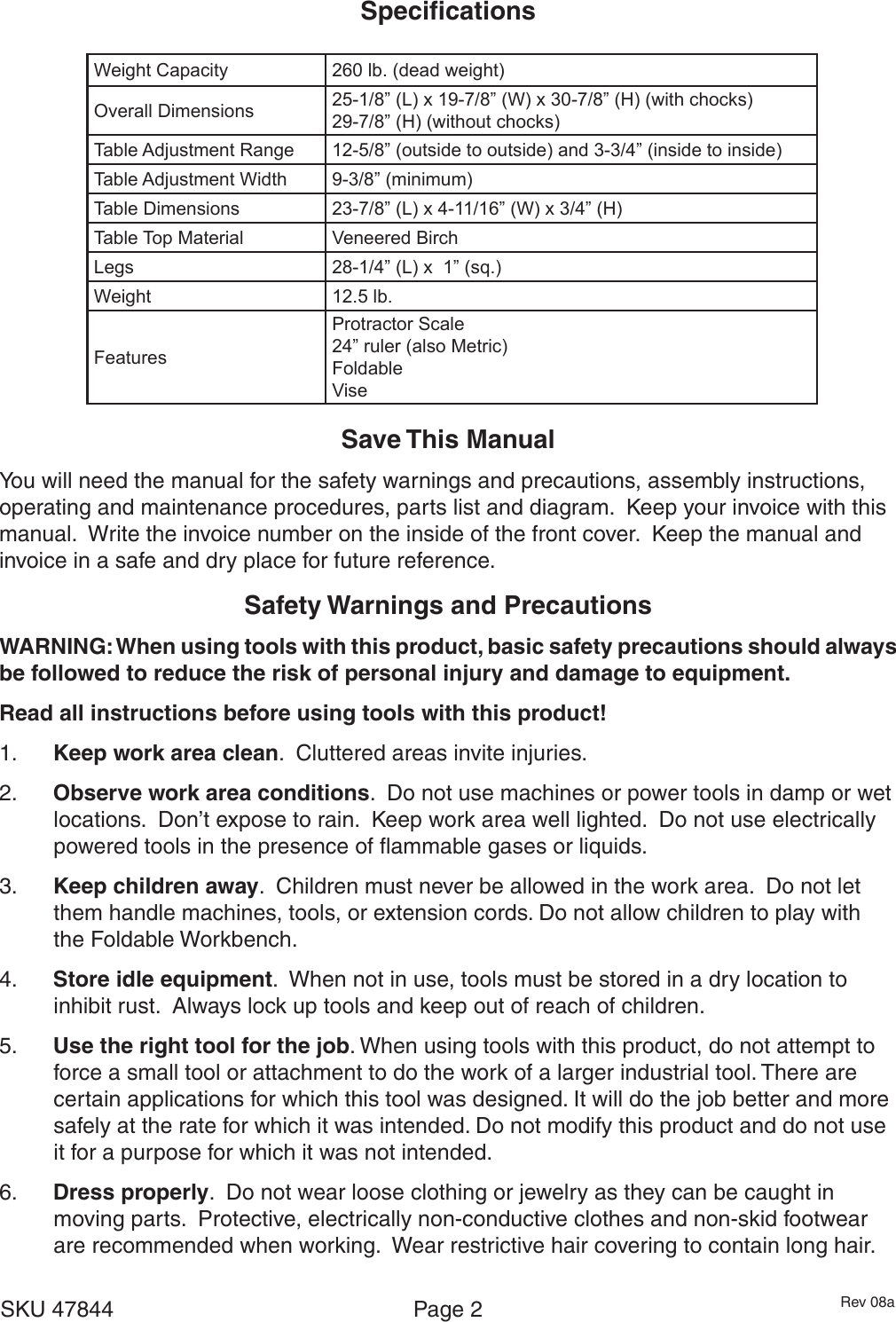 Page 2 of 7 - Harbor-Freight Harbor-Freight-Folding-Clamping-Workbench-With-Movable-Pegs-Product-Manual-  Harbor-freight-folding-clamping-workbench-with-movable-pegs-product-manual