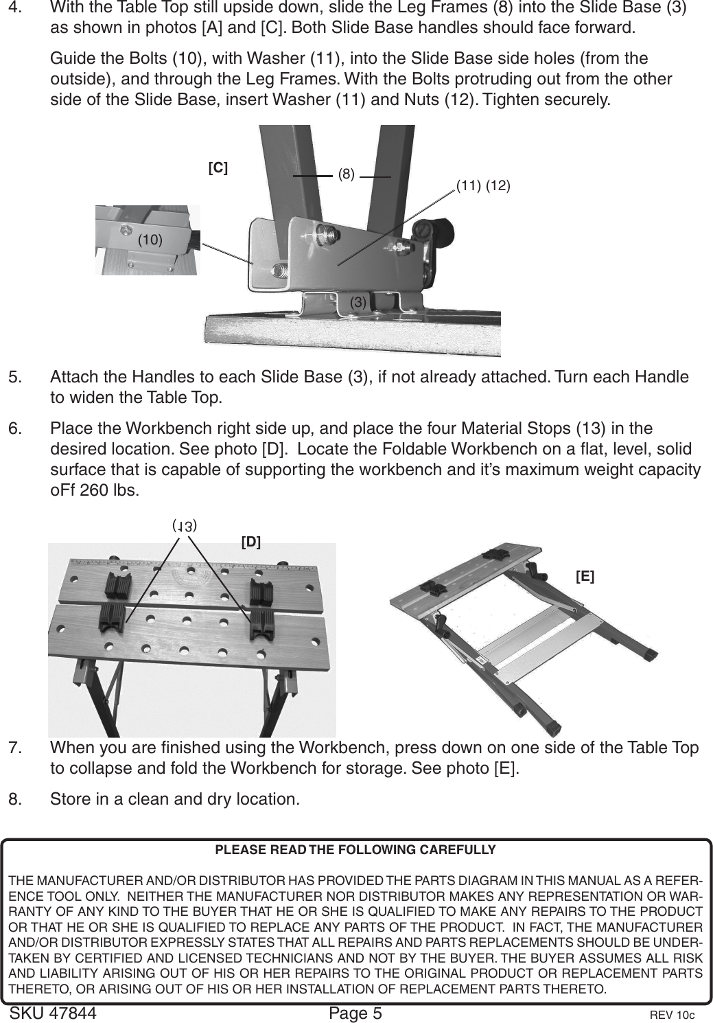 Page 5 of 7 - Harbor-Freight Harbor-Freight-Folding-Clamping-Workbench-With-Movable-Pegs-Product-Manual-  Harbor-freight-folding-clamping-workbench-with-movable-pegs-product-manual