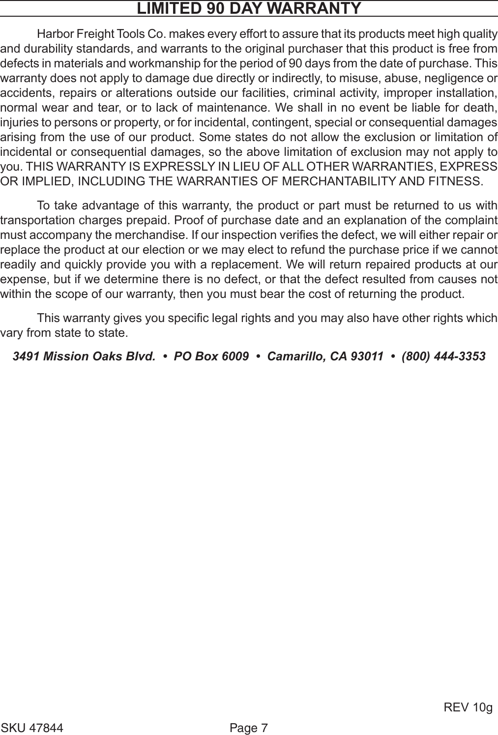 Page 7 of 7 - Harbor-Freight Harbor-Freight-Folding-Clamping-Workbench-With-Movable-Pegs-Product-Manual-  Harbor-freight-folding-clamping-workbench-with-movable-pegs-product-manual