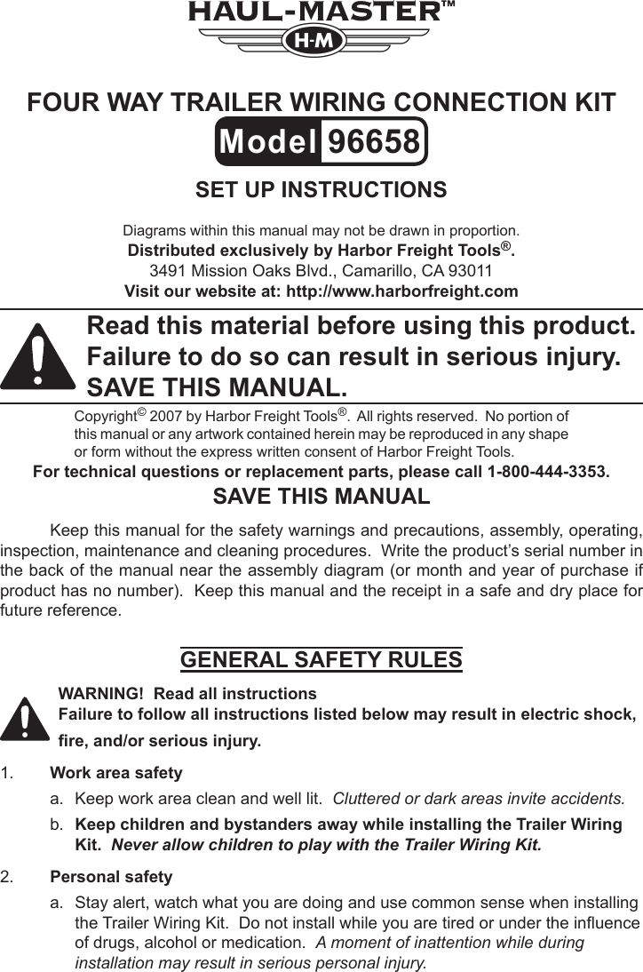 Page 1 of 4 - Harbor-Freight Harbor-Freight-Four-Way-Trailer-Wiring-Connection-Kit-Product-Manual-  Harbor-freight-four-way-trailer-wiring-connection-kit-product-manual