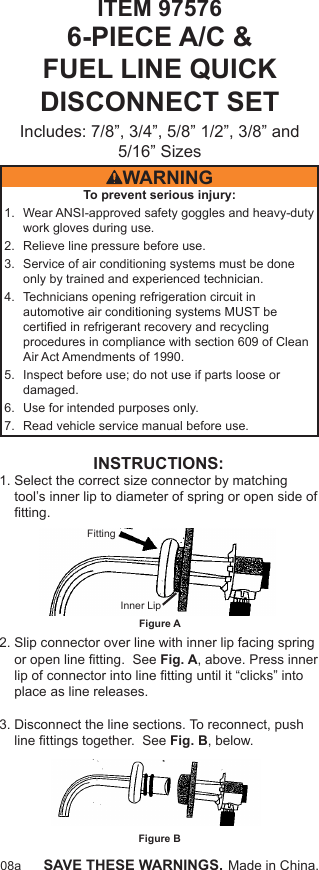 Page 1 of 1 - Harbor-Freight Harbor-Freight-Fuel-Line-And-A-C-Quick-Disconnect-Tool-6-Pc-Product-Manual-  Harbor-freight-fuel-line-and-a-c-quick-disconnect-tool-6-pc-product-manual