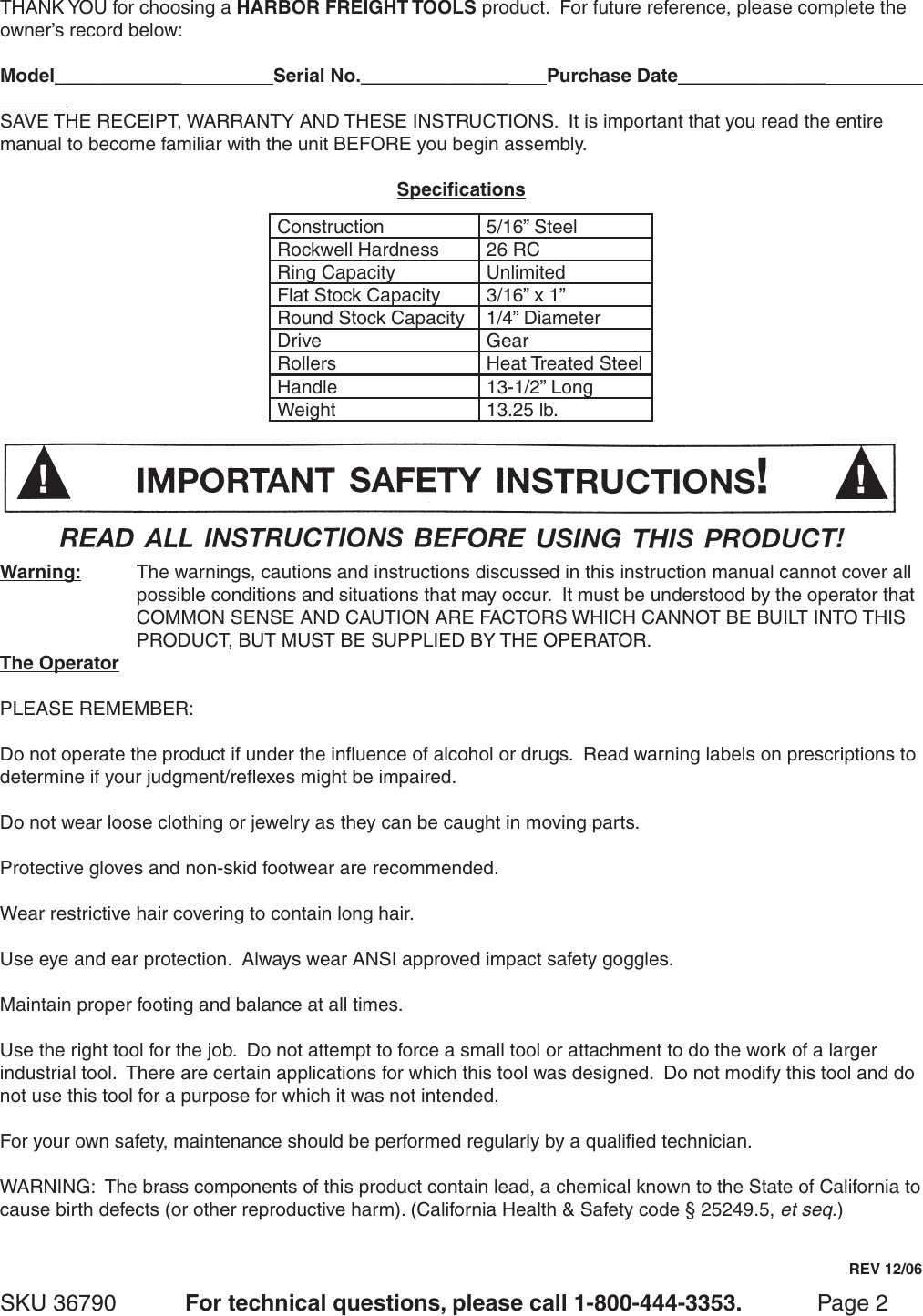 Page 2 of 7 - Harbor-Freight Harbor-Freight-Gear-Driven-Ring-Roller-Product-Manual-  Harbor-freight-gear-driven-ring-roller-product-manual