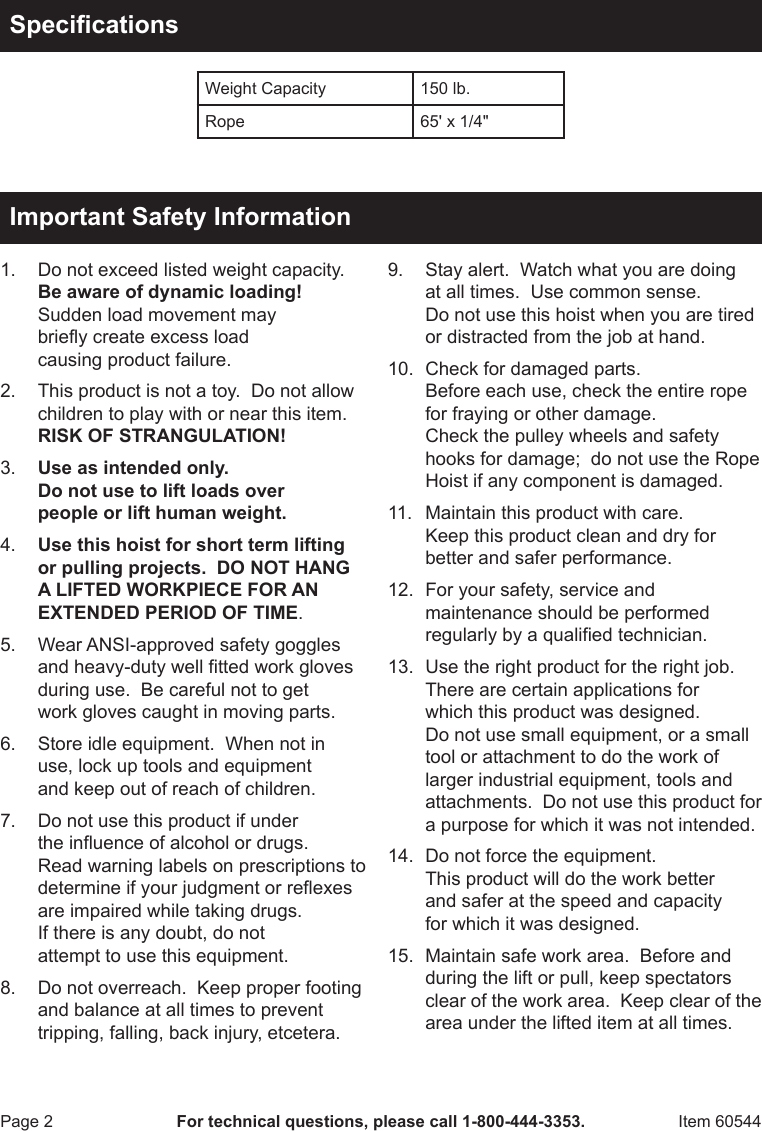 Page 2 of 4 - Harbor-Freight Harbor-Freight-General-Purpose-Rope-Hoist-Product-Manual-  Harbor-freight-general-purpose-rope-hoist-product-manual