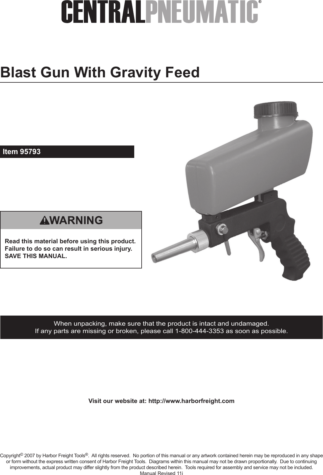 Page 1 of 12 - Harbor-Freight Harbor-Freight-Gravity-Feed-Blaster-Gun-With-20-Oz-Hopper-Product-Manual-  Harbor-freight-gravity-feed-blaster-gun-with-20-oz-hopper-product-manual