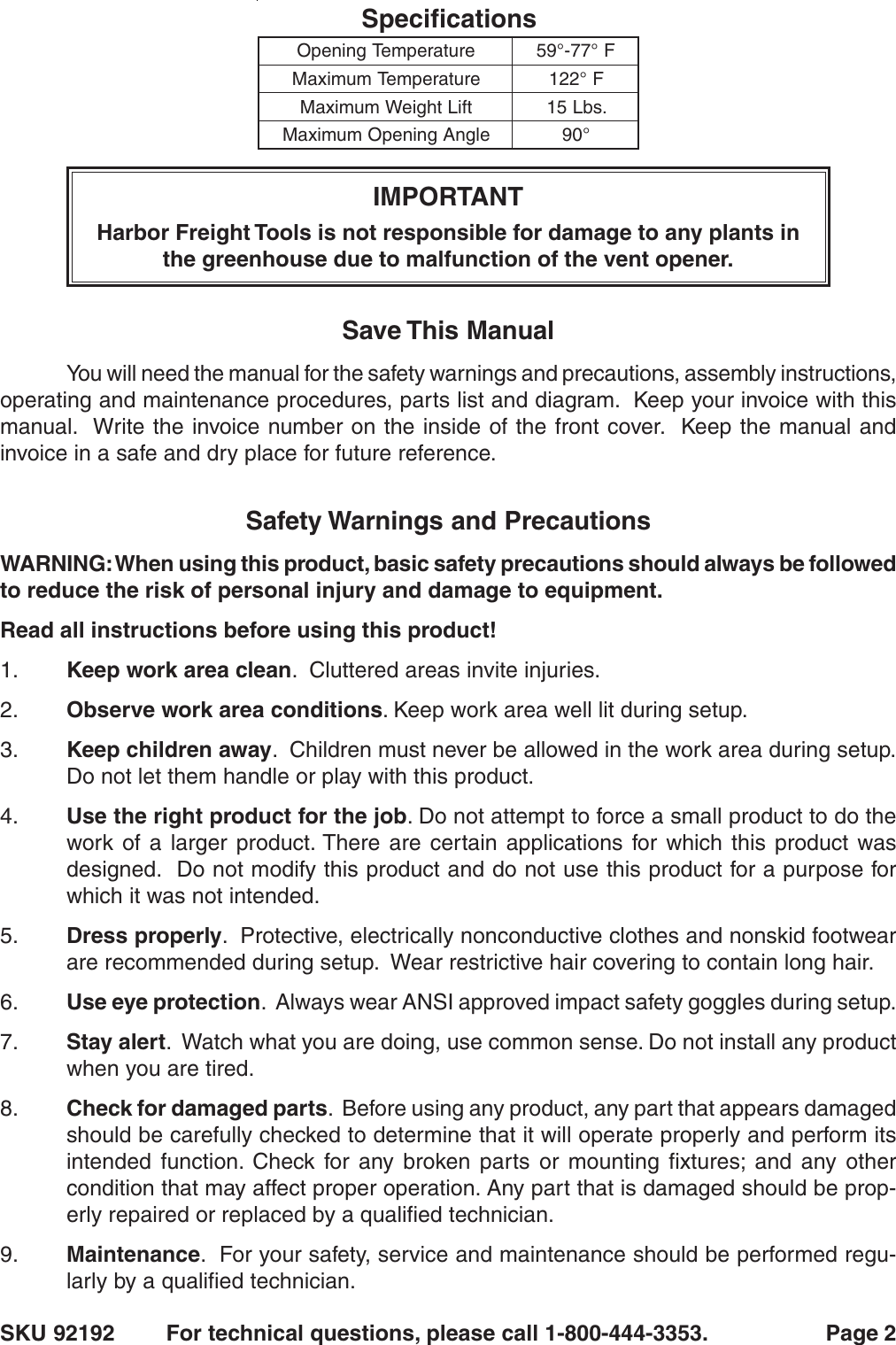 Harbor Freight Greenhouse Window Vent Opener Product Manual 92192