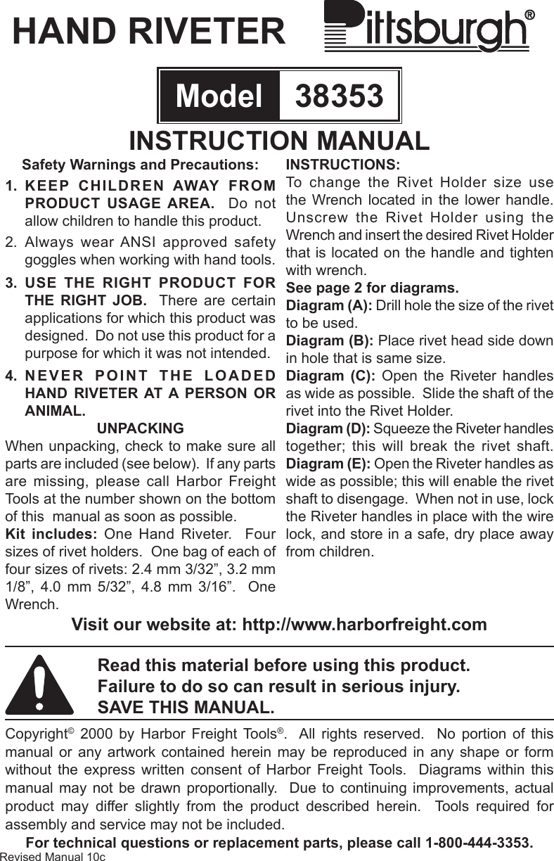Page 1 of 2 - Harbor-Freight Harbor-Freight-Hand-Riveter-Set-Product-Manual-  Harbor-freight-hand-riveter-set-product-manual