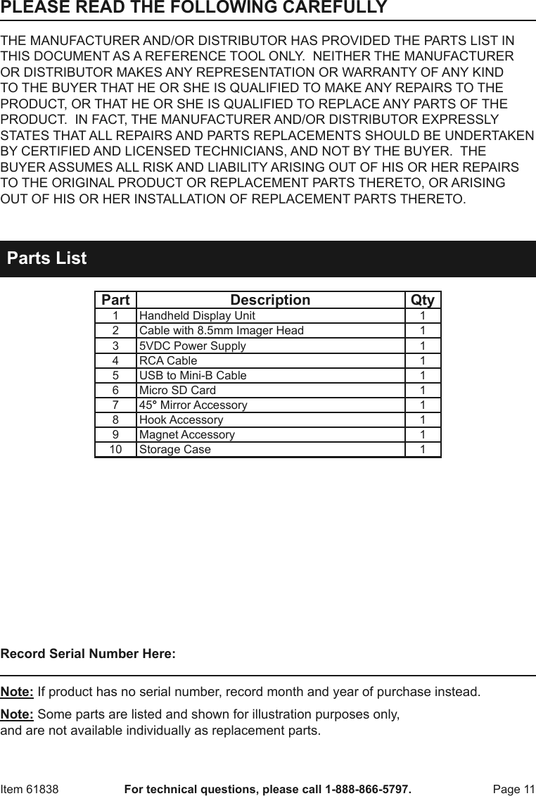 Page 11 of 12 - Harbor-Freight Harbor-Freight-High-Resolution-Digital-Inspection-Camera-With-Recorder-Product-Manual-  Harbor-freight-olution-digital-inspection-camera-with-recorder-product-manual