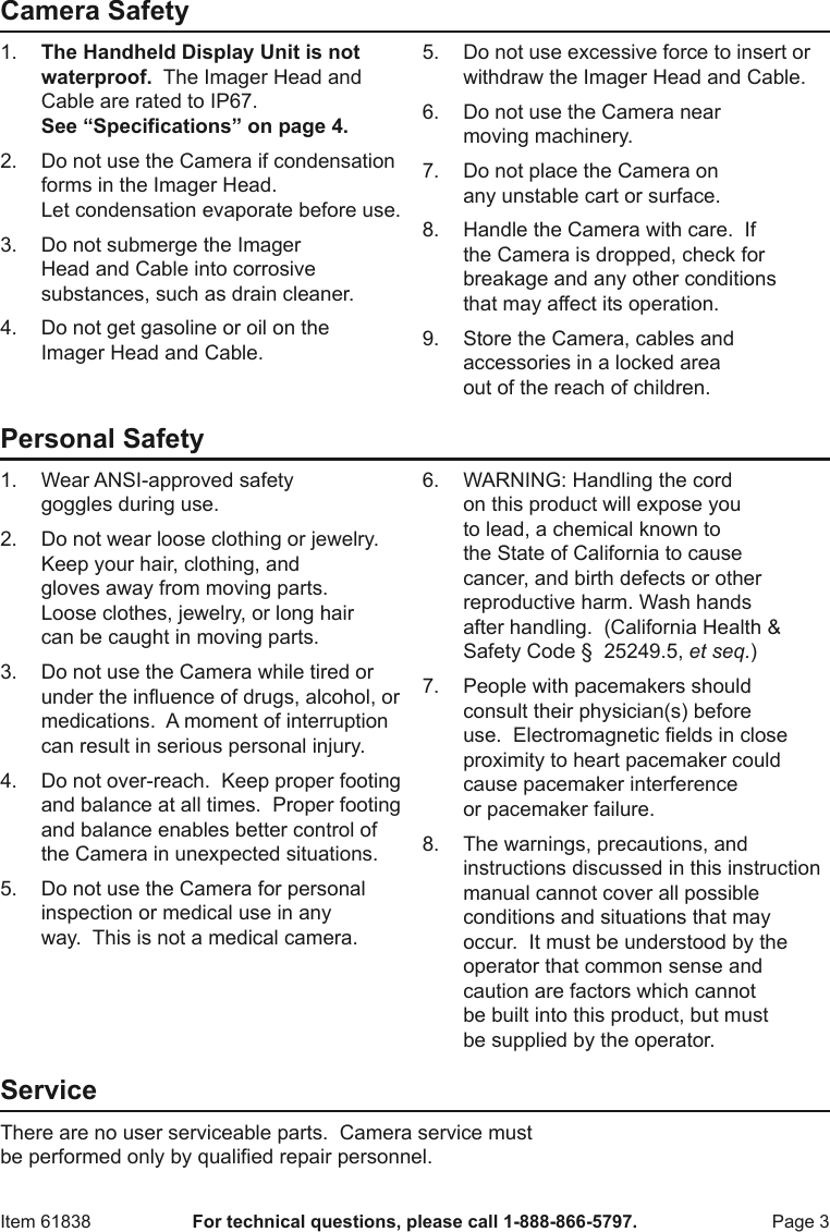 Page 3 of 12 - Harbor-Freight Harbor-Freight-High-Resolution-Digital-Inspection-Camera-With-Recorder-Product-Manual-  Harbor-freight-olution-digital-inspection-camera-with-recorder-product-manual