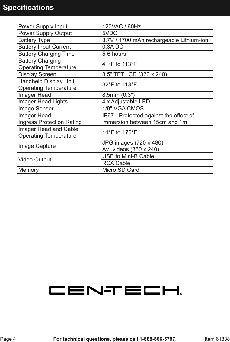 Page 4 of 12 - Harbor-Freight Harbor-Freight-High-Resolution-Digital-Inspection-Camera-With-Recorder-Product-Manual-  Harbor-freight-olution-digital-inspection-camera-with-recorder-product-manual