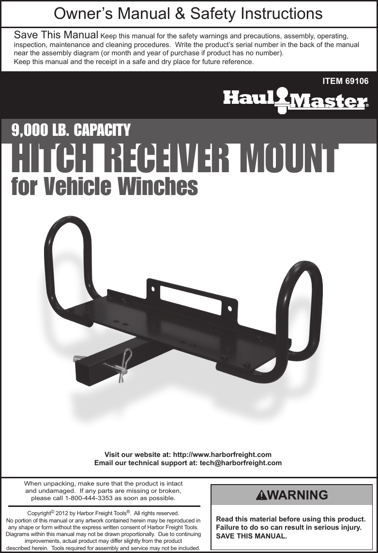 Page 1 of 4 - Harbor-Freight Harbor-Freight-Hitch-Receiver-Mount-For-Winches-Product-Manual-  Harbor-freight-hitch-receiver-mount-for-winches-product-manual