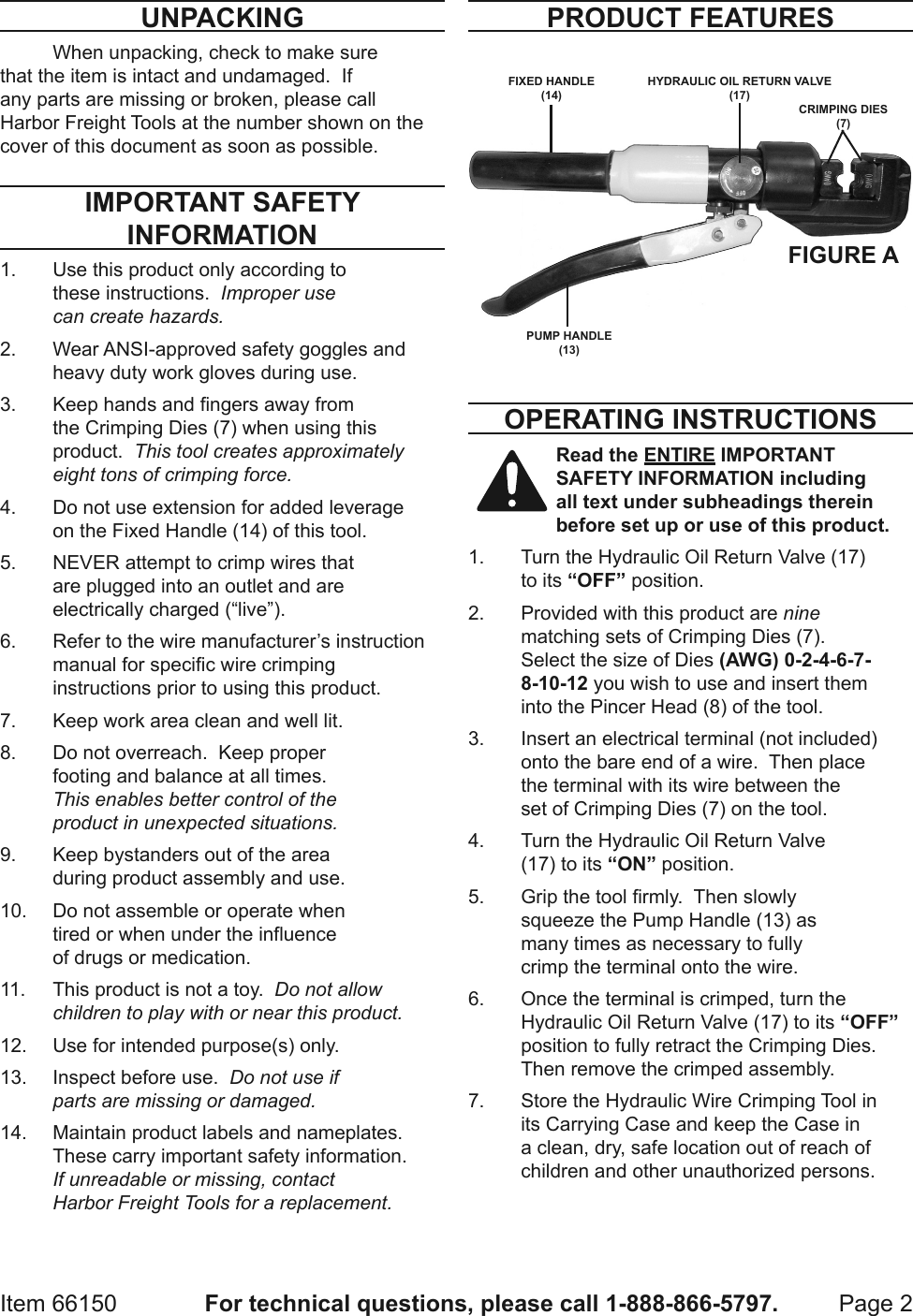 Page 2 of 4 - Harbor-Freight Harbor-Freight-Hydraulic-Wire-Crimping-Tool-Product-Manual-  Harbor-freight-hydraulic-wire-crimping-tool-product-manual
