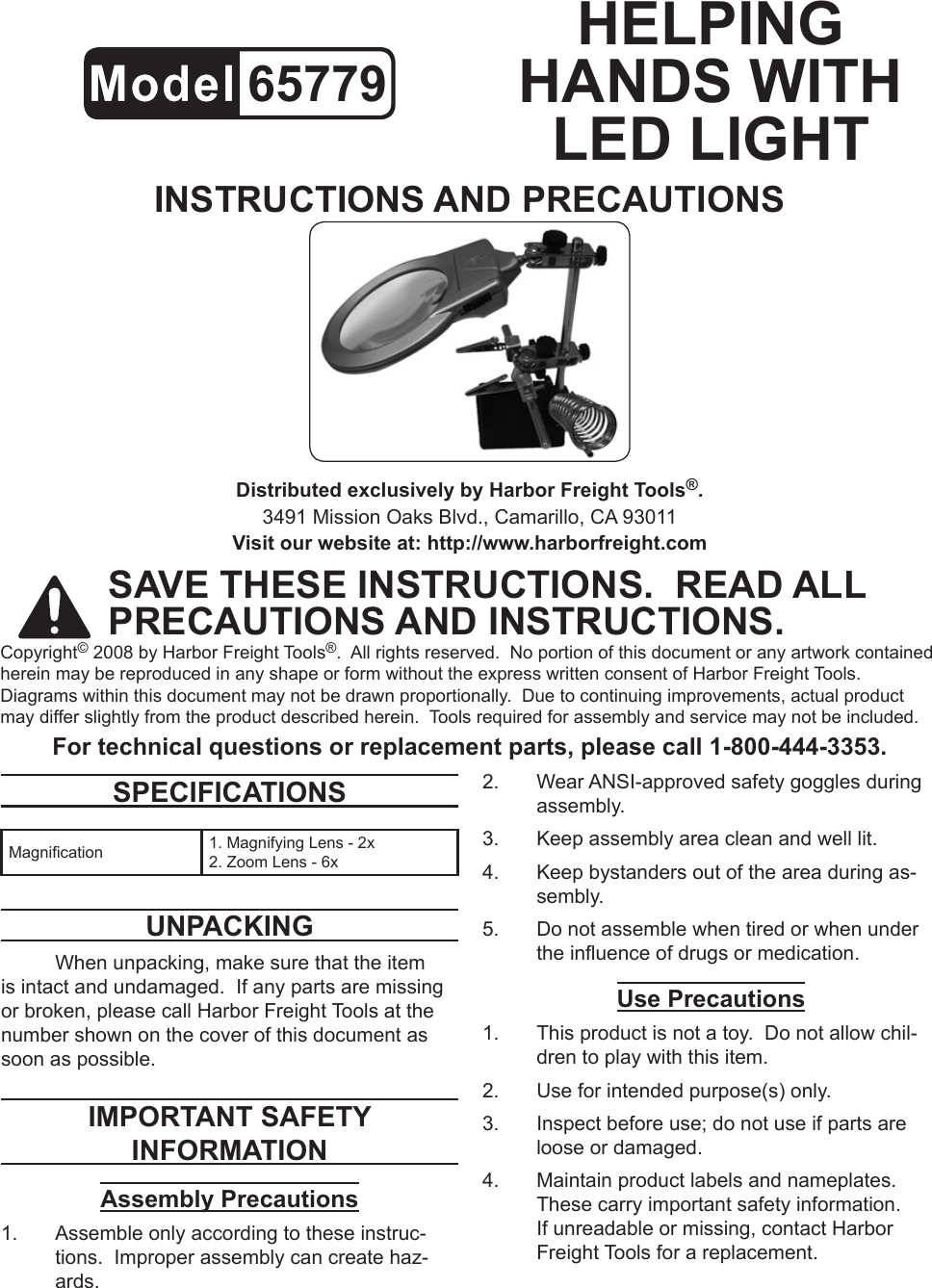 Page 1 of 2 - Harbor-Freight Harbor-Freight-Jumbo-Helping-Hands-With-Led-Lights-Product-Manual- Harbor-freight-jumbo-helping-hands-with-led-lights-product-manual