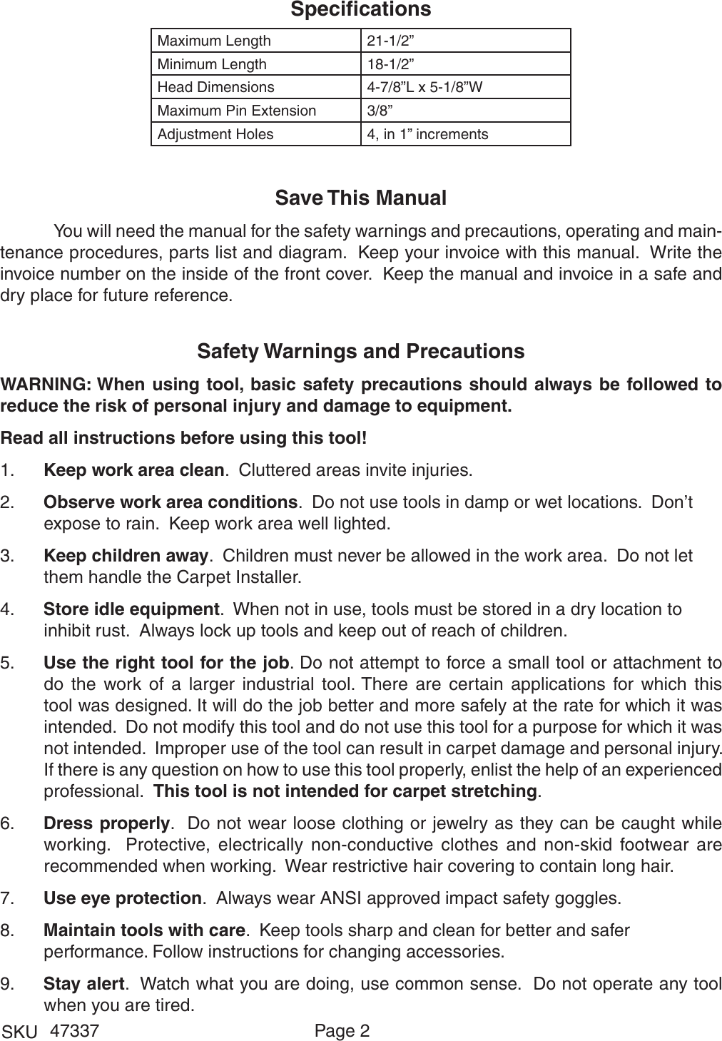 Page 2 of 5 - Harbor-Freight Harbor-Freight-Knee-Kicker-Carpet-Installer-With-Telescoping-Handle-Product-Manual-  Harbor-freight-knee-kicker-carpet-installer-with-telescoping-handle-product-manual