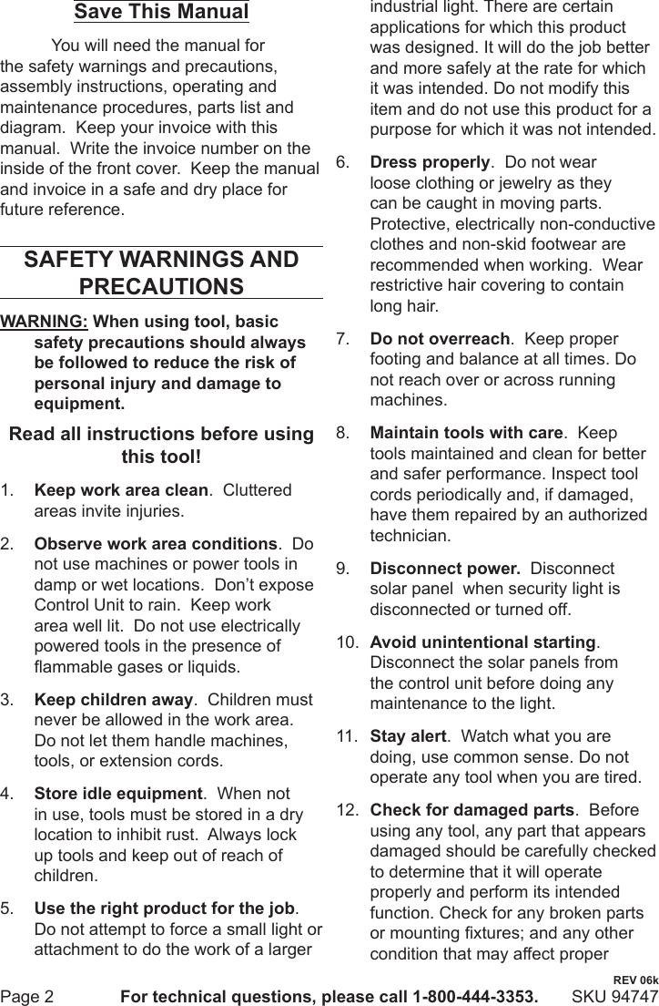 Page 2 of 8 - Harbor-Freight Harbor-Freight-Led-Solar-Security-Light-Product-Manual-  Harbor-freight-led-solar-security-light-product-manual