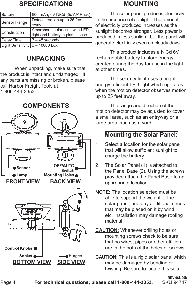 Page 4 of 8 - Harbor-Freight Harbor-Freight-Led-Solar-Security-Light-Product-Manual-  Harbor-freight-led-solar-security-light-product-manual