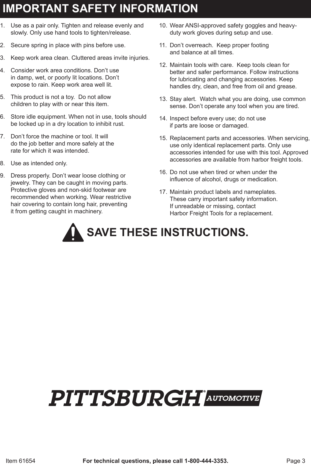 Page 3 of 8 - Harbor-Freight Harbor-Freight-Macpherson-Strut-Spring-Compressor-Set-Product-Manual- Harbor-freight-macpherson-strut-spring-compressor-set-product-manual
