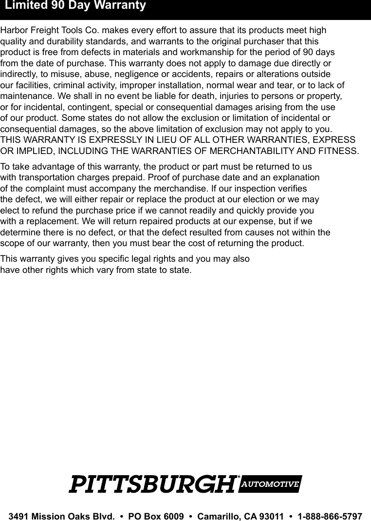 Page 12 of 12 - Harbor-Freight Harbor-Freight-Manual-Tire-Changer-Product-Manual-  Harbor-freight-manual-tire-changer-product-manual