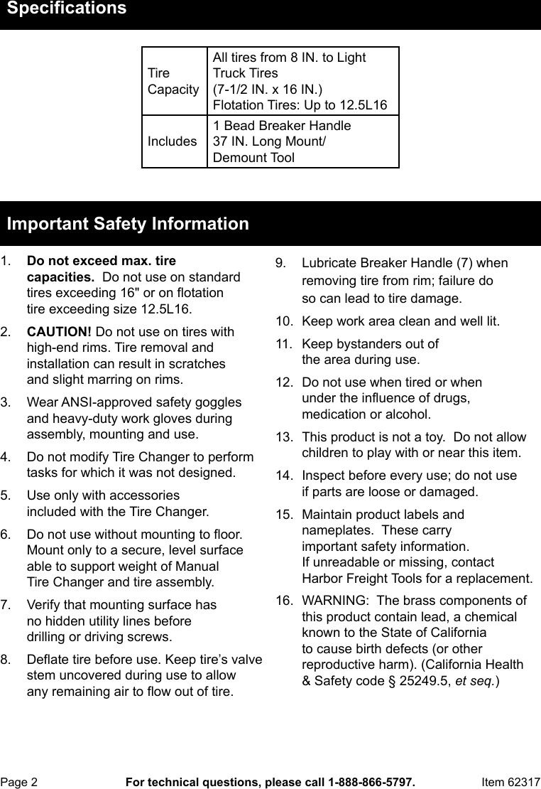 Page 2 of 12 - Harbor-Freight Harbor-Freight-Manual-Tire-Changer-Product-Manual-  Harbor-freight-manual-tire-changer-product-manual