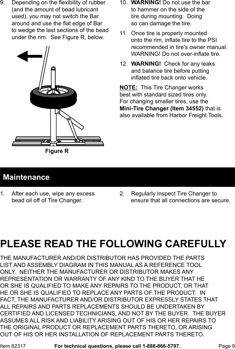 Page 9 of 12 - Harbor-Freight Harbor-Freight-Manual-Tire-Changer-Product-Manual-  Harbor-freight-manual-tire-changer-product-manual
