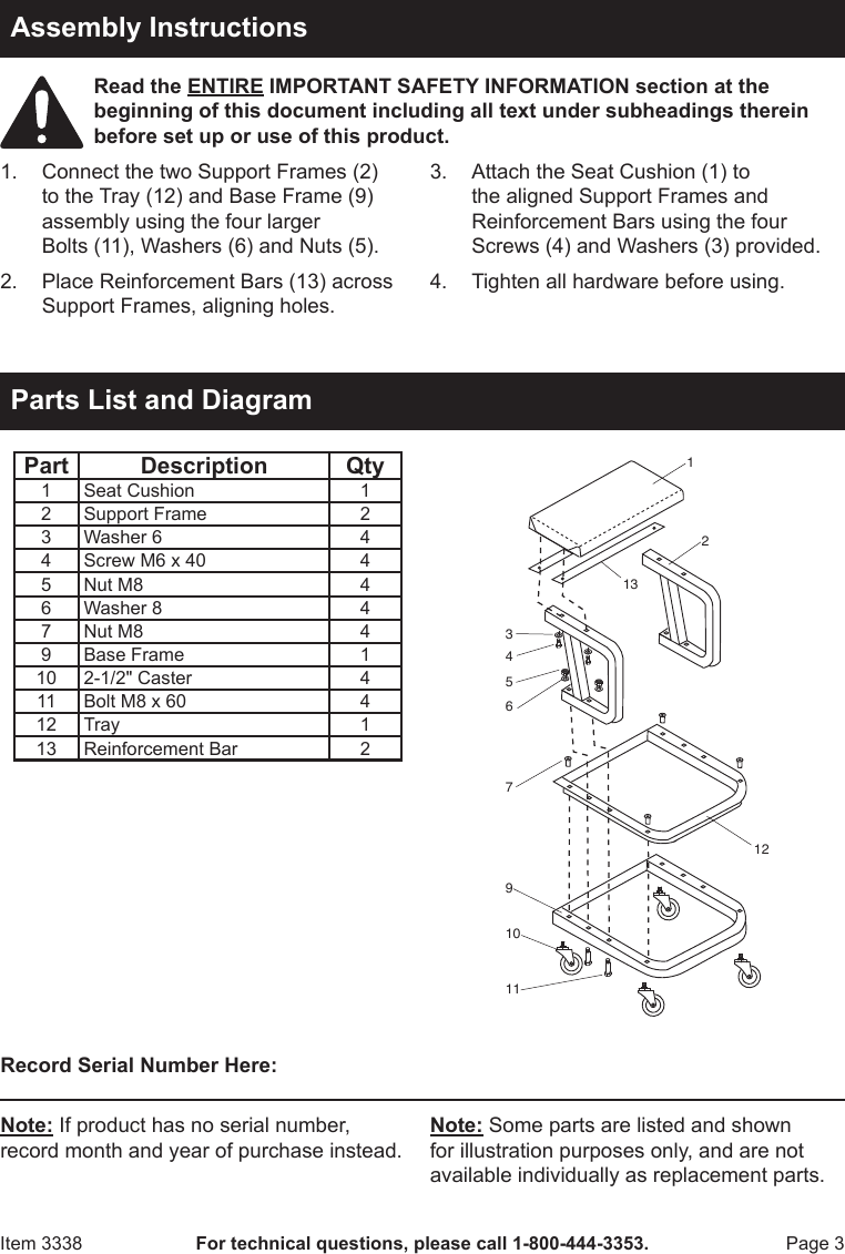 Page 3 of 4 - Harbor-Freight Harbor-Freight-Mechanics-Roller-Seat-Product-Manual-  Harbor-freight-mechanics-roller-seat-product-manual