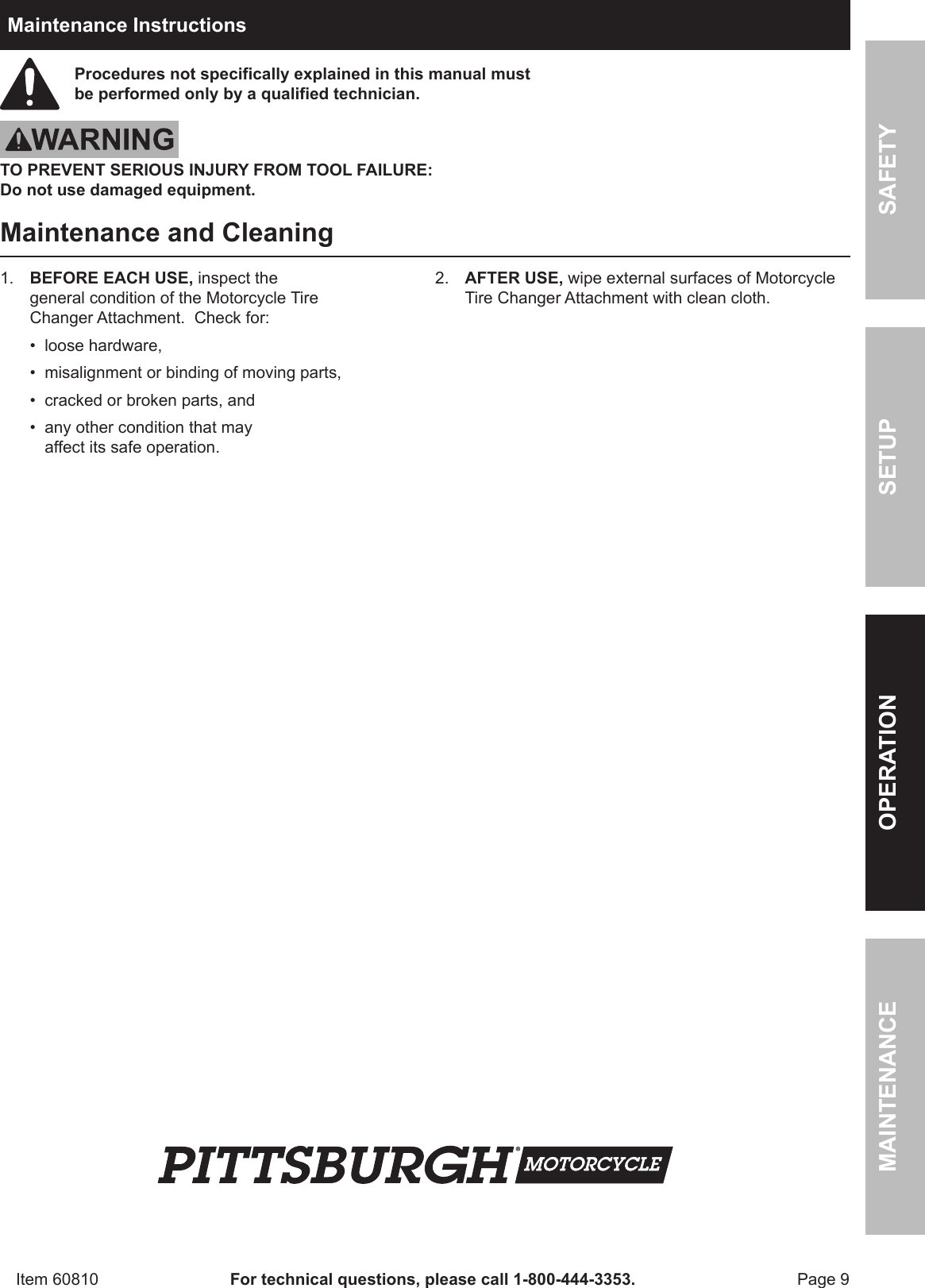 Page 9 of 12 - Harbor-Freight Harbor-Freight-Motorcycle-Tire-Changer-Attachment-Product-Manual-  Harbor-freight-motorcycle-tire-changer-attachment-product-manual