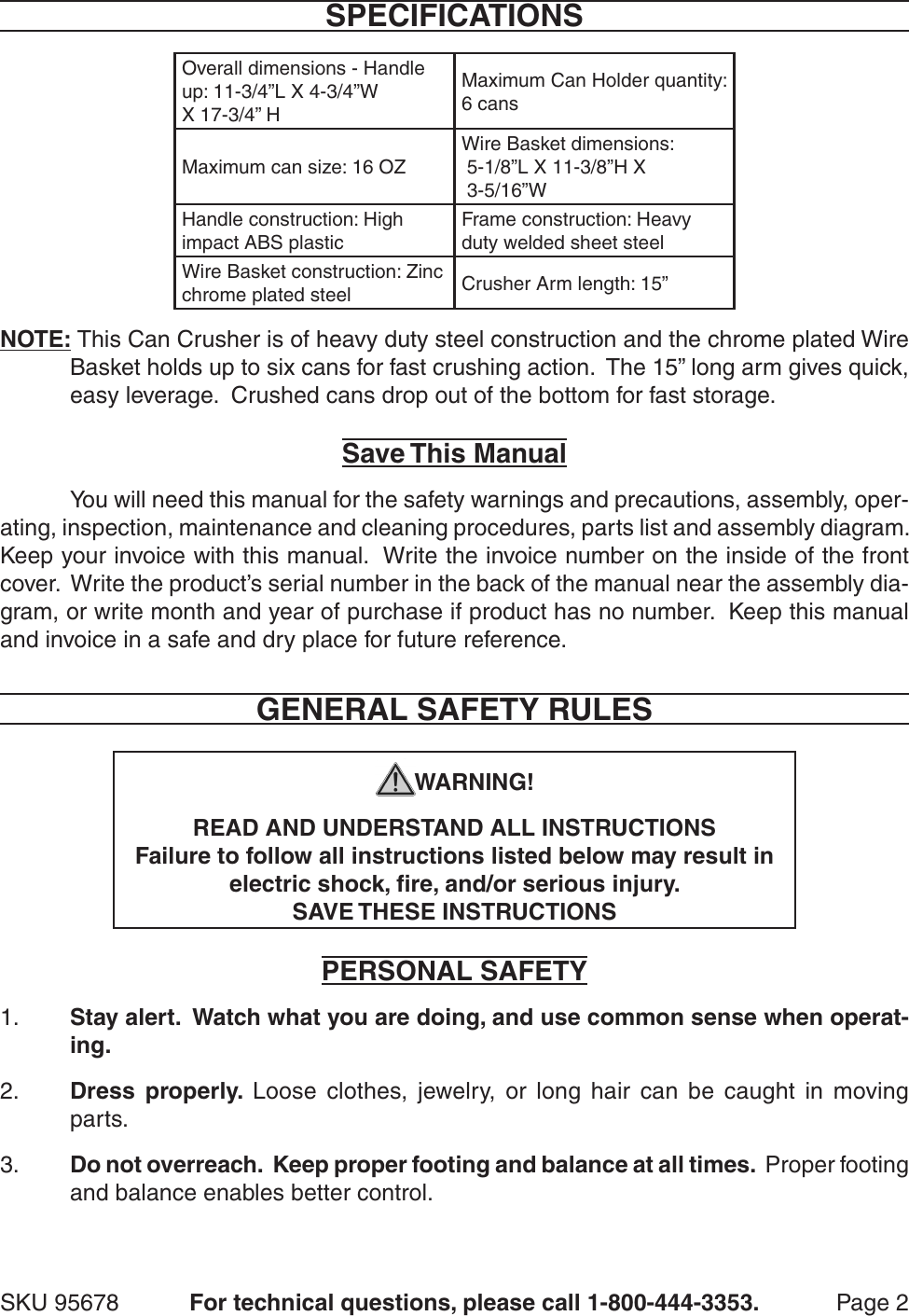 Page 2 of 6 - Harbor-Freight Harbor-Freight-Multi-Load-Can-Crusher-Product-Manual-  Harbor-freight-multi-load-can-crusher-product-manual