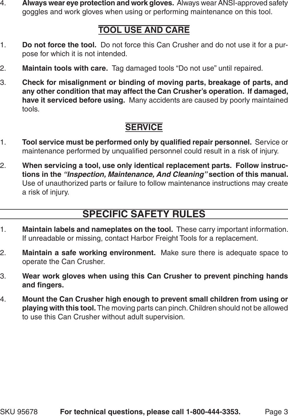 Page 3 of 6 - Harbor-Freight Harbor-Freight-Multi-Load-Can-Crusher-Product-Manual-  Harbor-freight-multi-load-can-crusher-product-manual