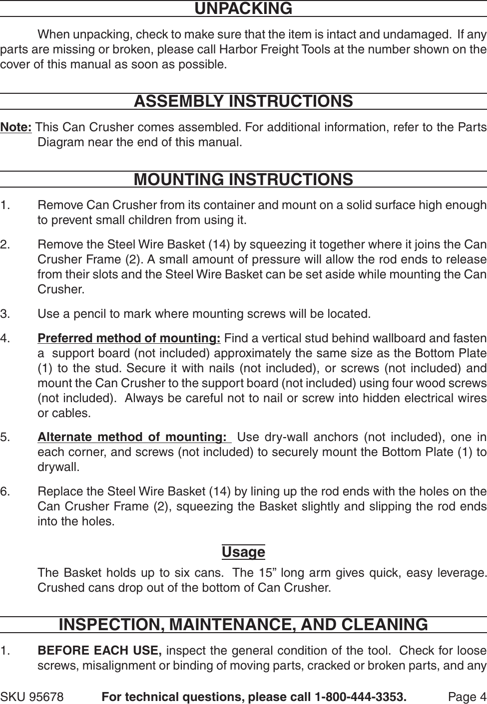 Page 4 of 6 - Harbor-Freight Harbor-Freight-Multi-Load-Can-Crusher-Product-Manual-  Harbor-freight-multi-load-can-crusher-product-manual