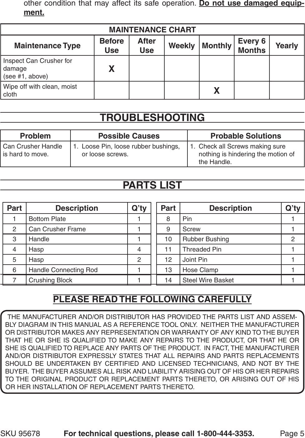 Page 5 of 6 - Harbor-Freight Harbor-Freight-Multi-Load-Can-Crusher-Product-Manual-  Harbor-freight-multi-load-can-crusher-product-manual