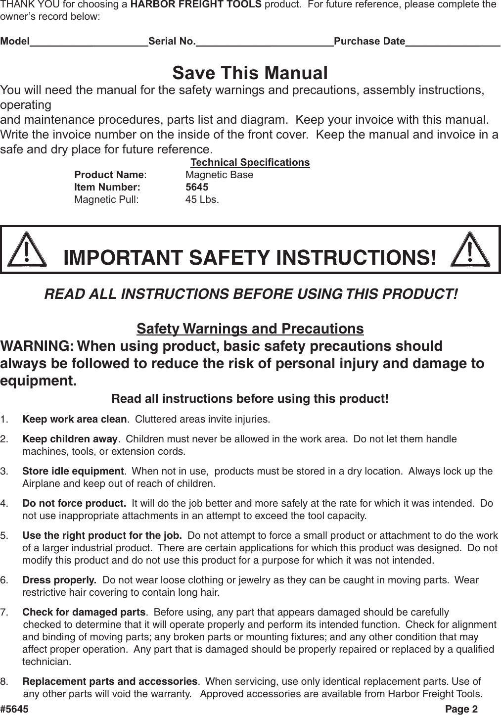 Page 2 of 4 - Harbor-Freight Harbor-Freight-Multi-Position-Magnetic-Base-With-Fine-Adjustment-Product-Manual-  Harbor-freight-multi-position-magnetic-base-with-fine-adjustment-product-manual