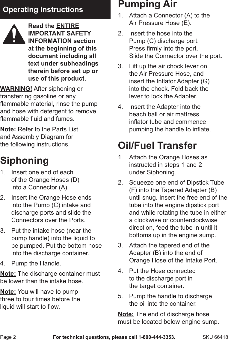 Harbor Freight Multi Use Transfer Pump Product Manual