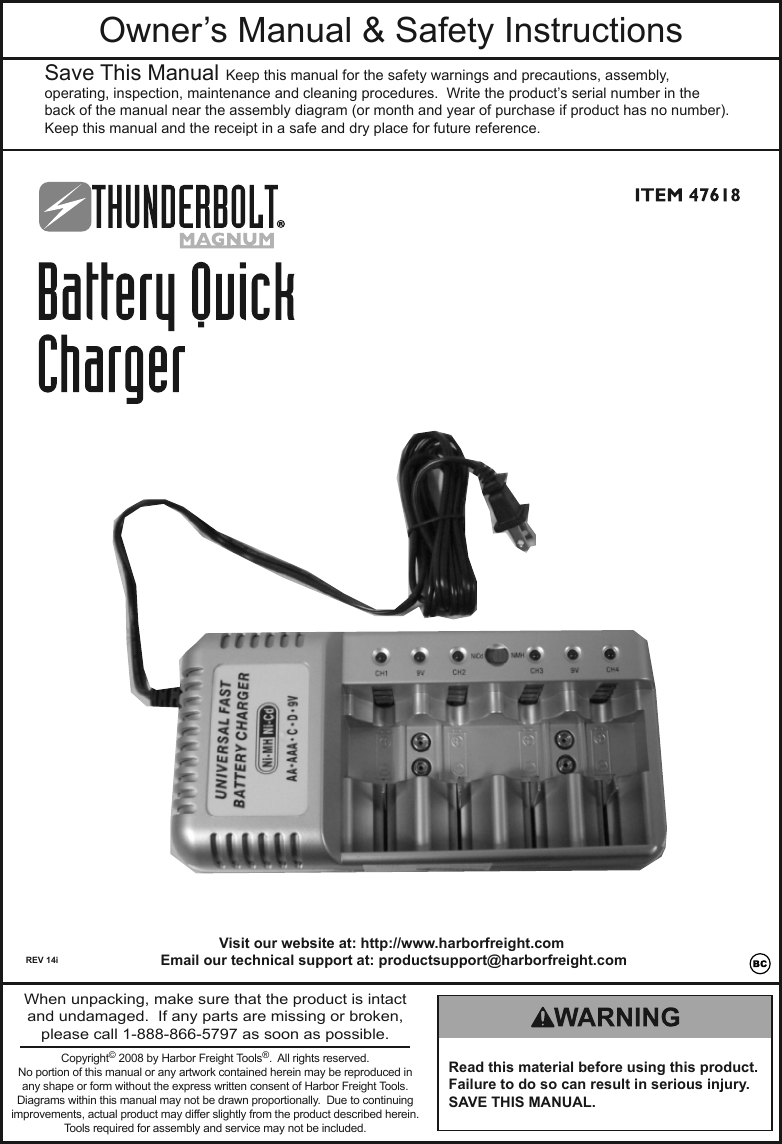Page 1 of 4 - Harbor-Freight Harbor-Freight-Nimh-Nicd-Battery-Quick-Charger-Product-Manual-  Harbor-freight-nimh-nicd-battery-quick-charger-product-manual