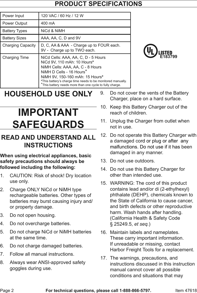 Page 2 of 4 - Harbor-Freight Harbor-Freight-Nimh-Nicd-Battery-Quick-Charger-Product-Manual-  Harbor-freight-nimh-nicd-battery-quick-charger-product-manual