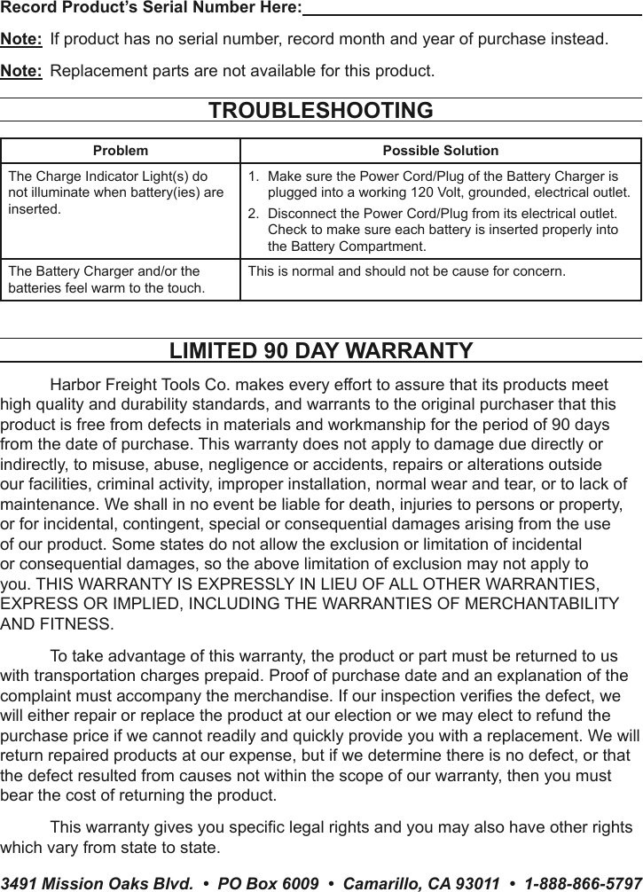 Page 4 of 4 - Harbor-Freight Harbor-Freight-Nimh-Nicd-Battery-Quick-Charger-Product-Manual-  Harbor-freight-nimh-nicd-battery-quick-charger-product-manual