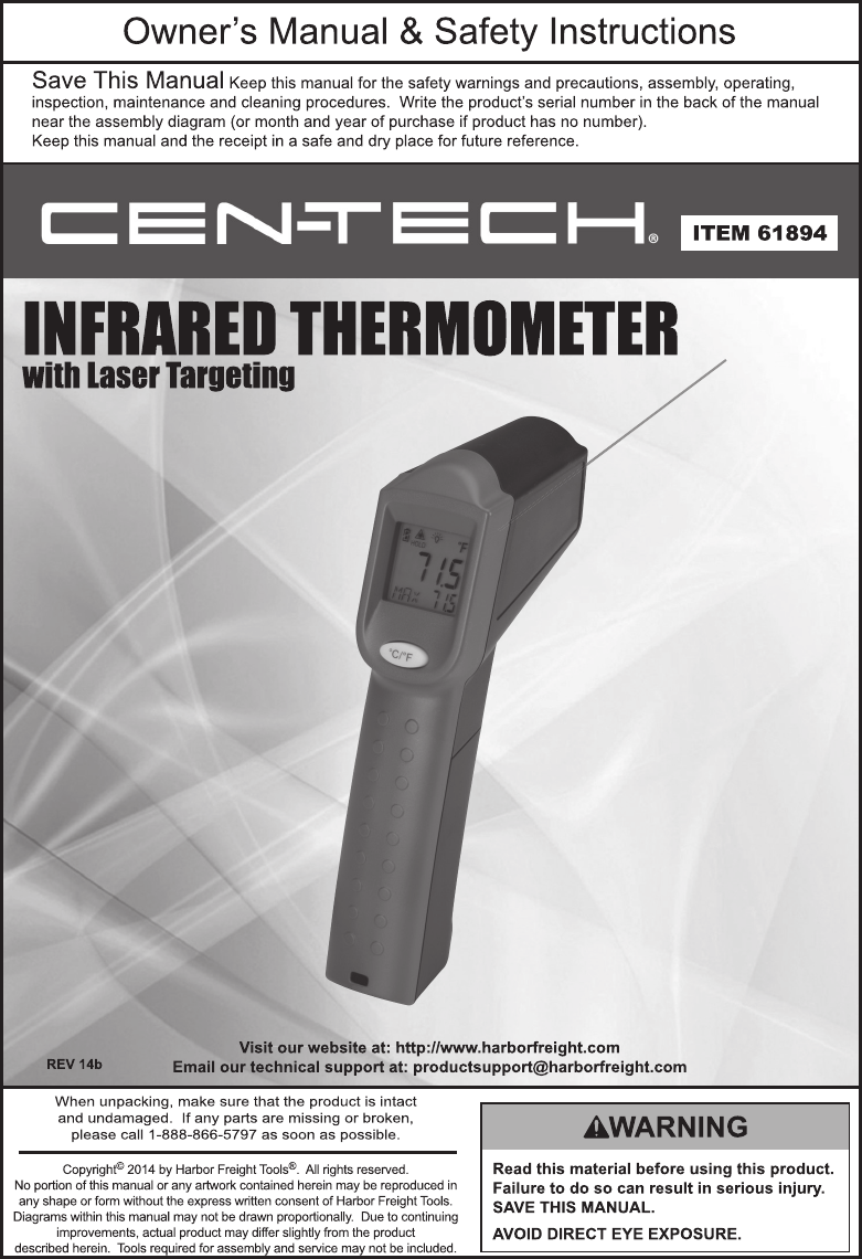 Page 1 of 8 - Harbor-Freight Harbor-Freight-Non-Contact-Infrared-Thermometer-With-Laser-Targeting-Product-Manual-  Harbor-freight-non-contact-infrared-thermometer-with-laser-targeting-product-manual