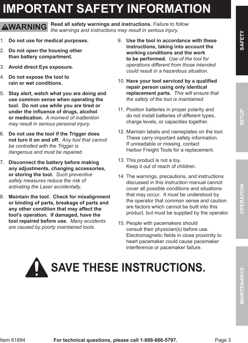 Page 3 of 8 - Harbor-Freight Harbor-Freight-Non-Contact-Infrared-Thermometer-With-Laser-Targeting-Product-Manual-  Harbor-freight-non-contact-infrared-thermometer-with-laser-targeting-product-manual